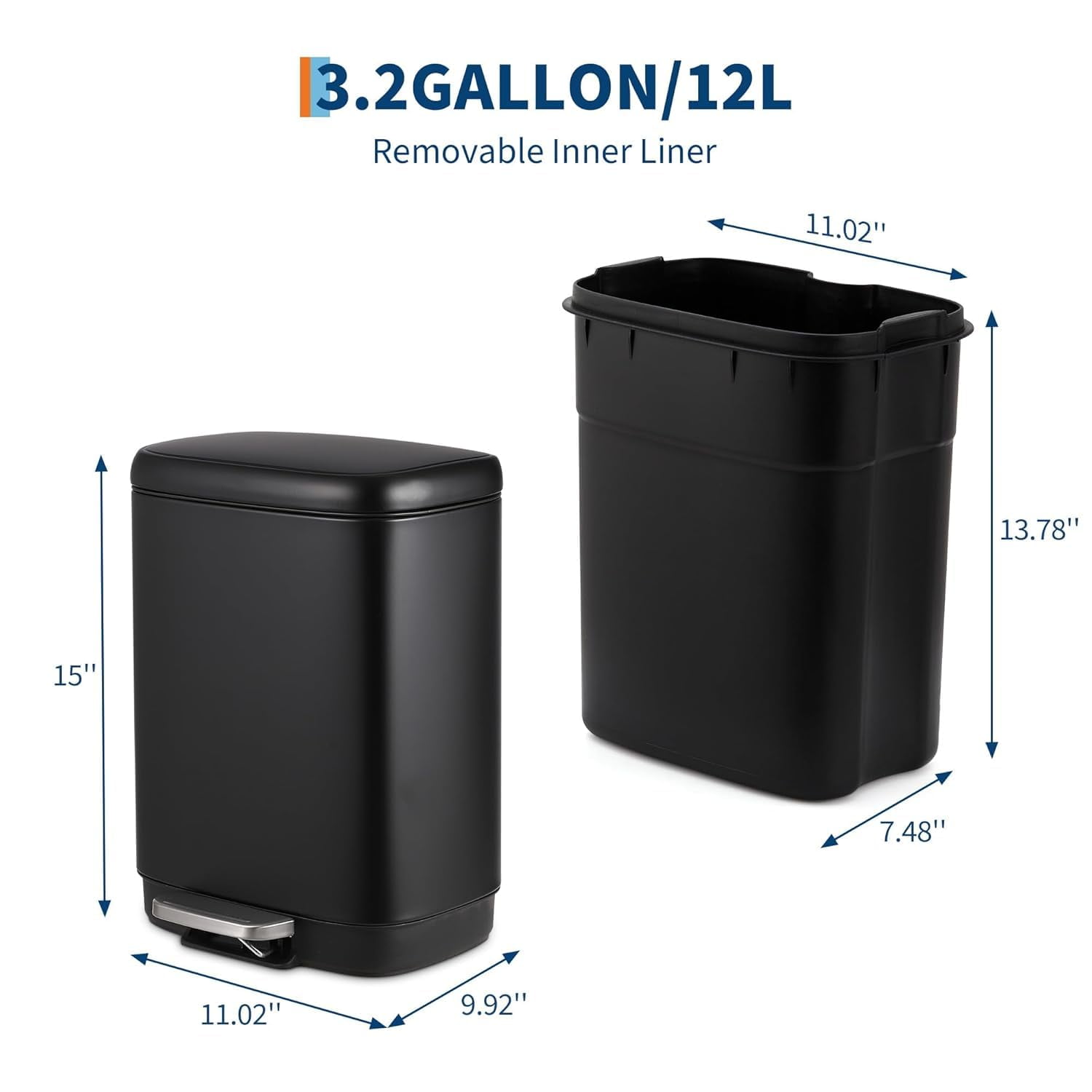 Bathroom Trash Bin with Lid, 3.2 Gallon Stainless Steel Kitchen Trash Can, With Automatic Lowering and Soft Closing, Recycling Bin for Kitchen, Bathroom or Office