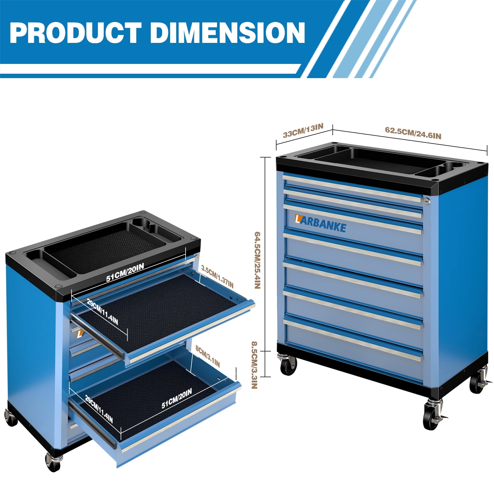 LARBANKE 7-Drawer Rolling Tool Chest with Lock, Connectable Tool Cabinet & Cart for Garage Workshop Storage