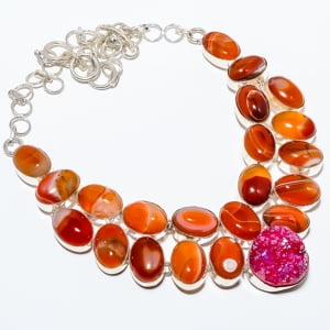 Carnelian - Brazil & Titanium Drusy 925 Silver Plated Necklace 17.99" TN524-23, Valentine's Day Gift, Birthday Gift, Beautiful Jewelry For Woman