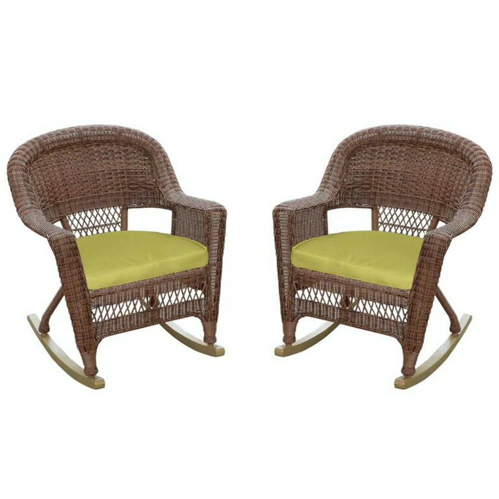 Set of 2 Honey Brown Resin Wicker Outdoor Patio Rocker Chairs - Green