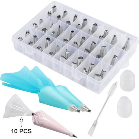 63 Pieces Cake Decorating Supplies Kit with 48Pcs Stainless Steel Cake Icing Piping Tips Decoration tips, 2 Reusable Coupler, a Cleaning Brush, 2 Reusable Pastry bag and 10 Disposable icing