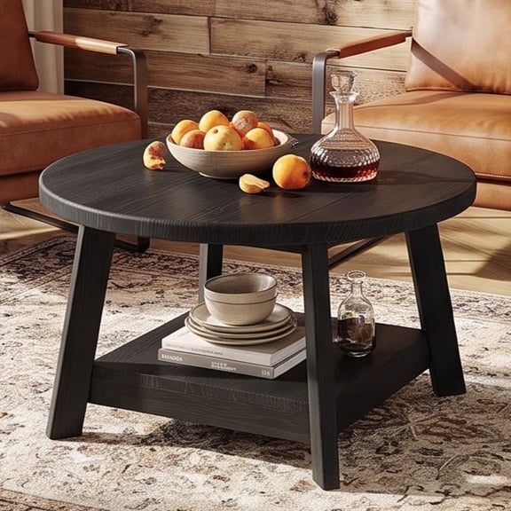Fnova 31.5 Inch Solid Wood 2-Tier Round Coffee Table with Storage Shelf, Farmhouse Center Table, Accent Cocktail Table for Living Room, Home Office, Black