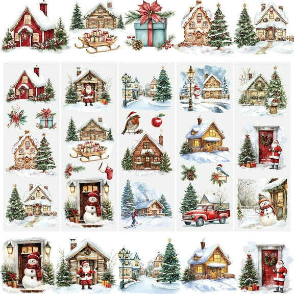 5 Sheets Christmas Snow Scene Scrapbook Stickers Santa Claus Furniture Stickers Fairytale Town Window Decals Rub on Transfers for Crafts,10 * 30cm