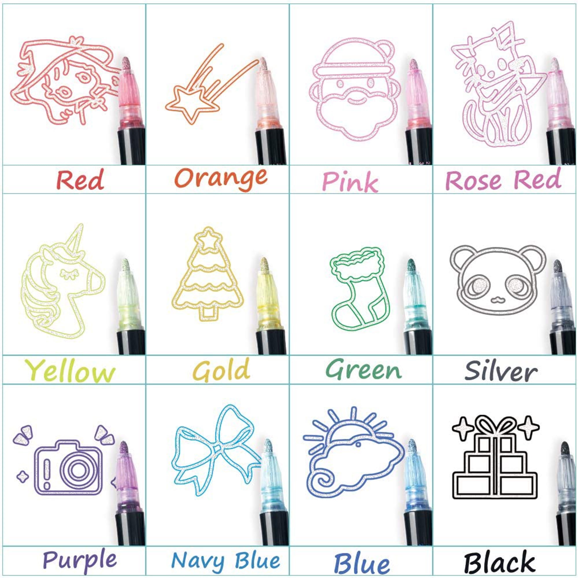 Shimmer Markers Outline Double Line: 12 Colors Metallic Glitter Pens Set  Super Squiggles Sparkle Kid Age 4 8 10 Gift Self Doodle Drawing Supplies  Art