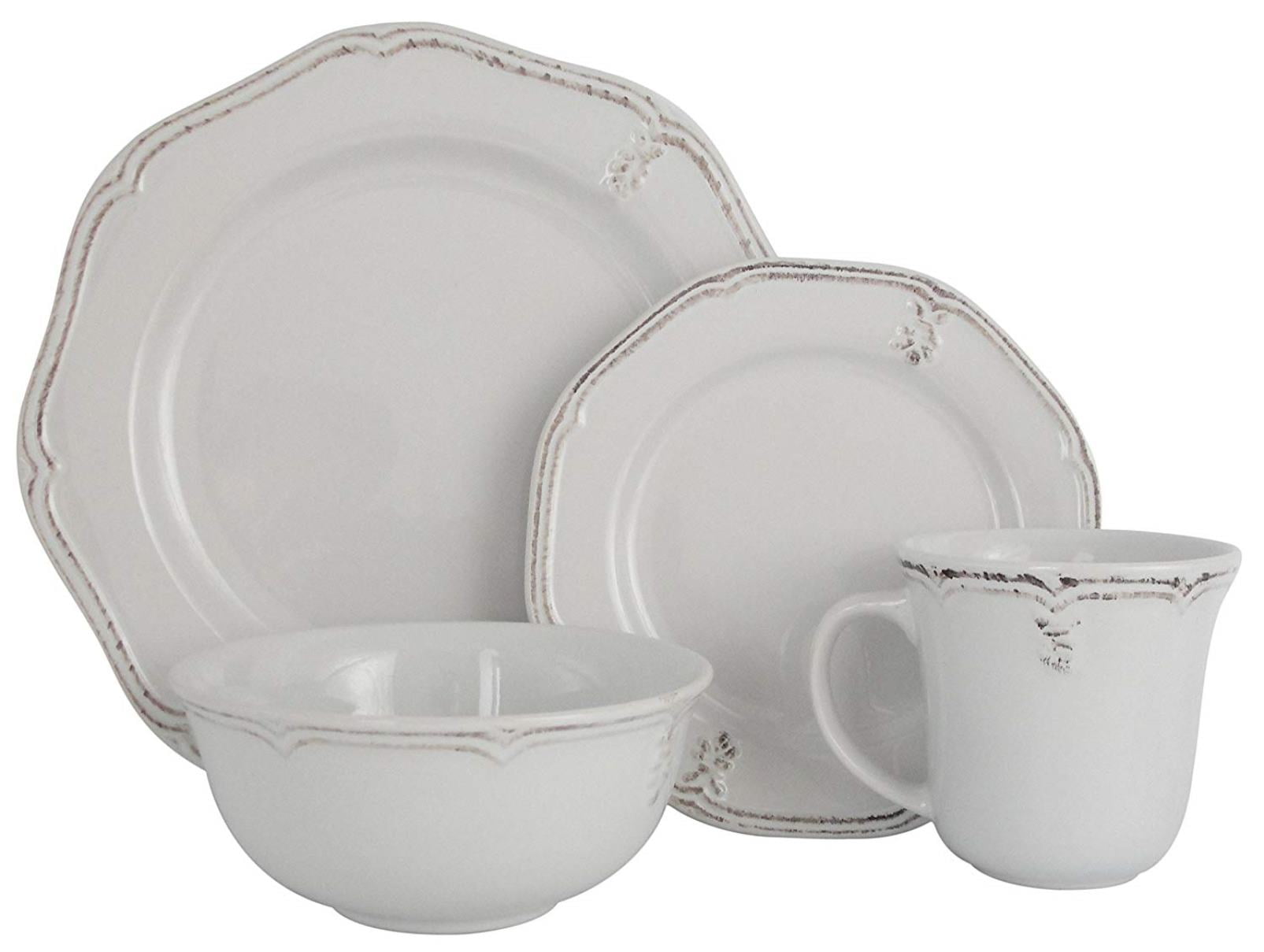 Melange Stoneware 16Piece Dinnerware Set (Antique White) Service for 4 Microwave, Dishwasher