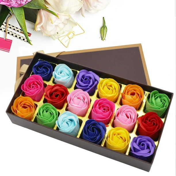 Set de regalo de jabón de baño con pétalos de rosa | 18 Jabones Perfumados en Forma de Flor | Barras de jabón decorativas de rosa fragante | Seguro para alimentos | Caja de regalo | 9 x 4.5 x 1.5