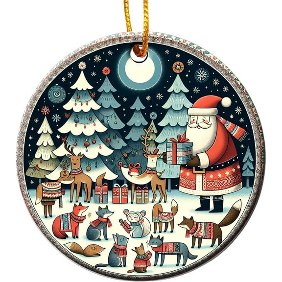 Christmas Santa and Forest Friends Ceramic Christmas Ornament, Xmas Tree Holiday Keepsake Gift Xmas Gift Ornament Gift Box Included - Christmas Ornament - Holiday Tree Decoration -...