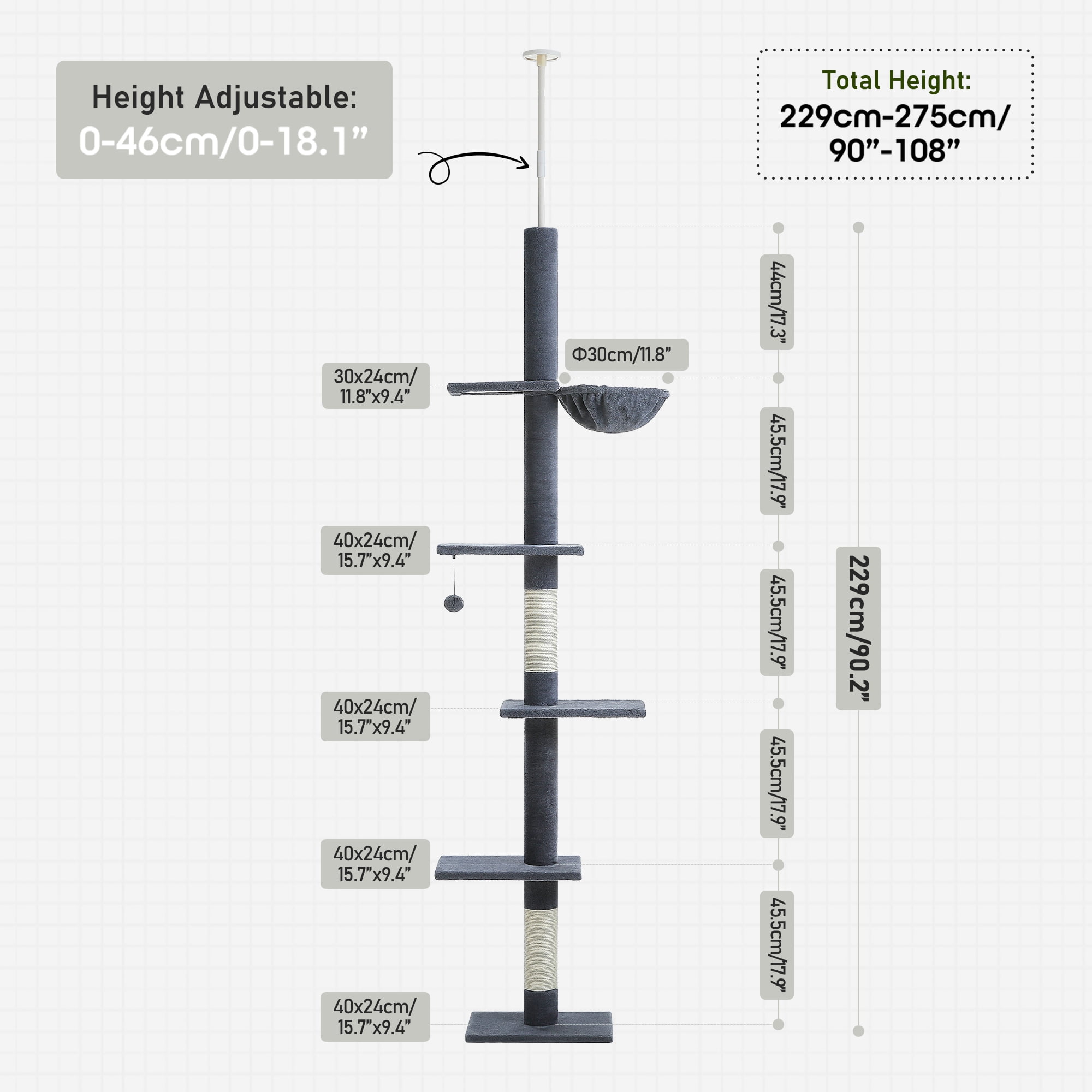 PAWZ Road 5-Level Cat Tree Cactus Style Floor to Ceiling Tower for Indoor Small Cats, Gray