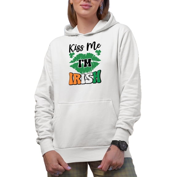 Kiss Me I'm Irish, St. Patrick's Day, White Hooded Sweatshirt or Hoodie, Small