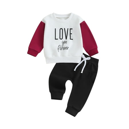 

Boy Letter Print Contrast Color Pullover Black Drawstring Pants Set