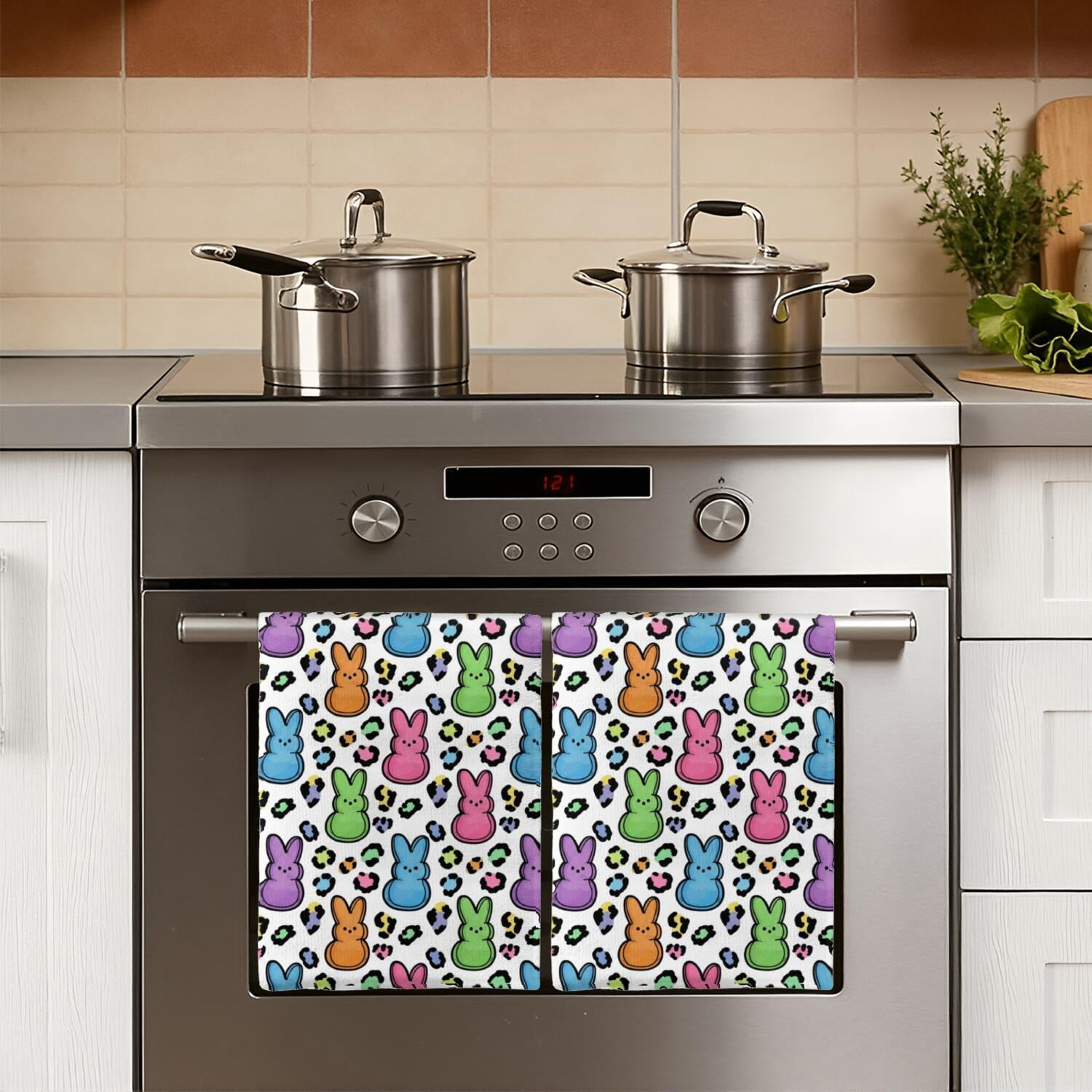 2 Pcs Funny Kitchen Towels, Easter and Rainbow Bunnies White Pattern Microfiber Dish Towels 18"x26", Decorative Tea Towel Set