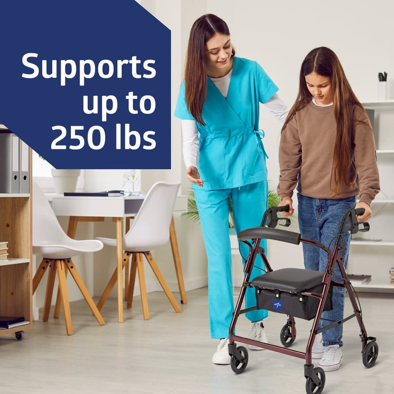 Medline Lightweight Aluminum Rollator Walker with Seat, 250 lbs