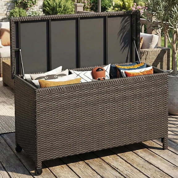 125 Gallon Outdoor Storage Deck Box with Wheels, Waterproof PE Rattan Garden Storage Chest for Patio Balcony Poolside Backyard, Portable Storage Container with Handles – Brown
