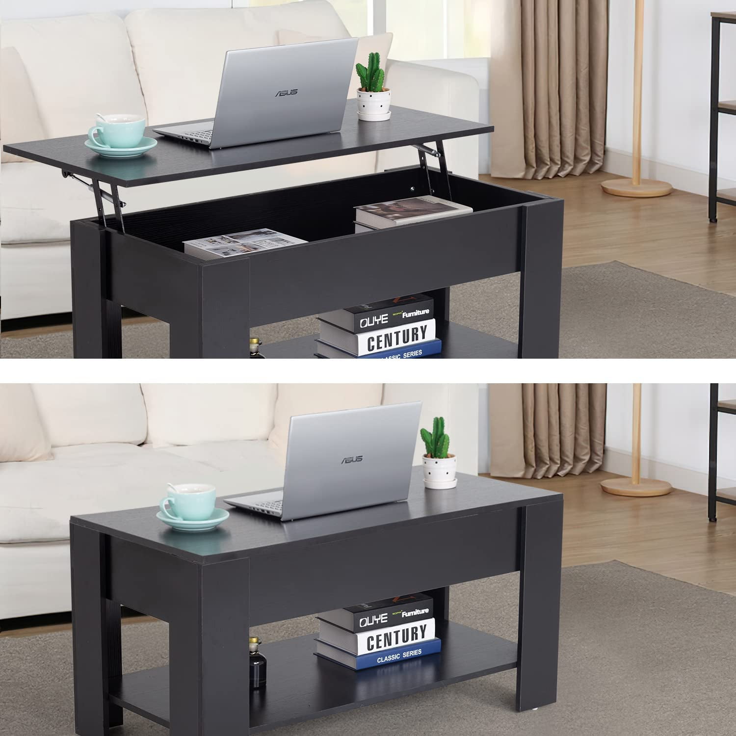 FDW Modern Lift Top Storage Wood Coffee Table, Black