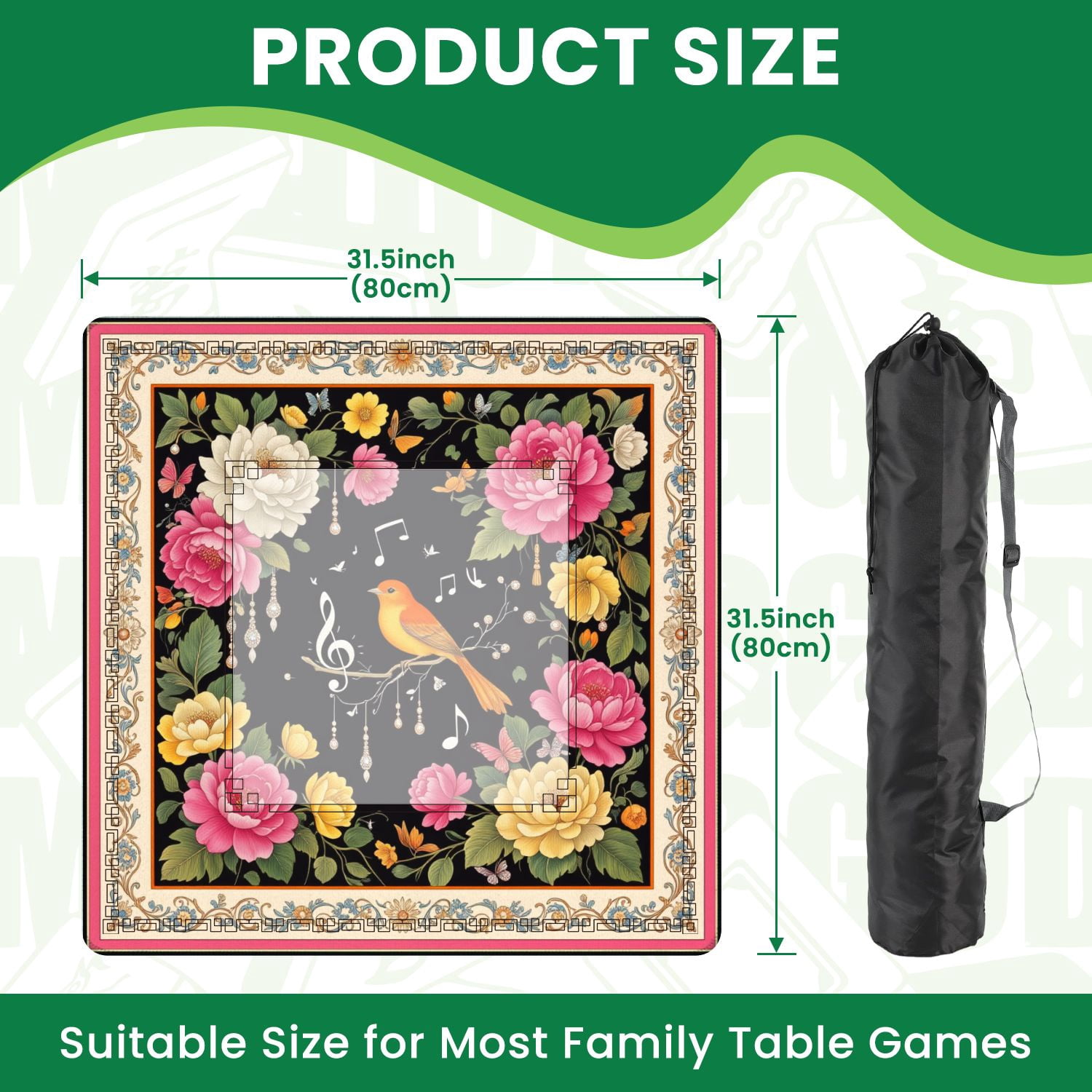 Mahjong Mat 31.5" x 31.5" Colorful Floral Peonies Butterflies Singing Bird Black Non-Slip Noise Reduction American Mahjong Tiles Table Cover for Dominoes Poker Card Board Games Gift