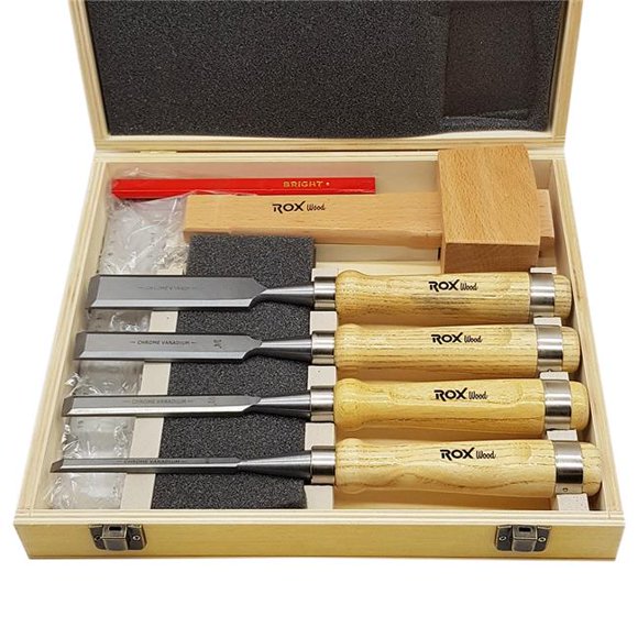 Rox Wood ROX-15399056-8PC Woodworking Carving Tools Chisel Set with Red Beech Wood Handle, Mallet, Pencil in a Wooden Storage Case Box - 8 Piece