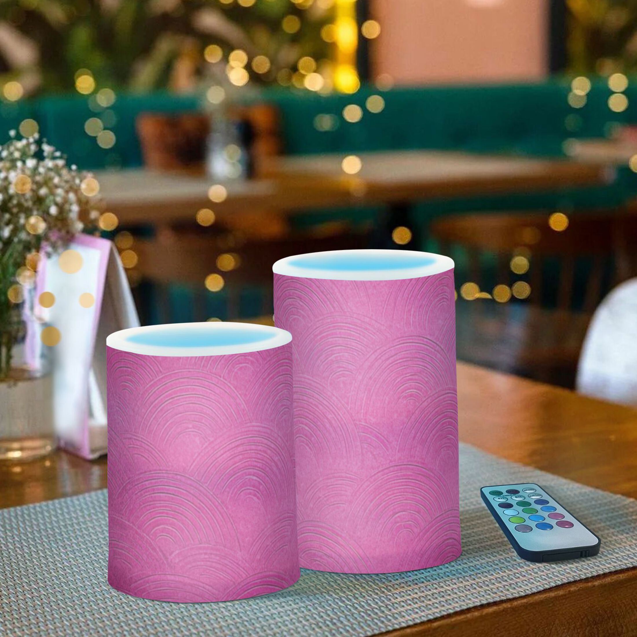 Hot Pink Background with Waves Flickering Flameless Candles LED Tealight Battery Operated with Remote Set of 2 Holiday Decor Ornaments