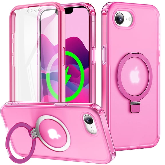 COAROVER for iPhone 17e/16e Magnetic Case with Foldable Stand,Full Body Protective Cover with Screen Protector, Matte PC Translucent Back,Rose
