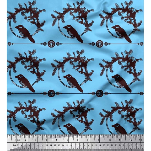 Soimoi Blue Cotton Duck Fabric Wreath & Bird Printed Fabric 1 Yard 42 Inch Wide