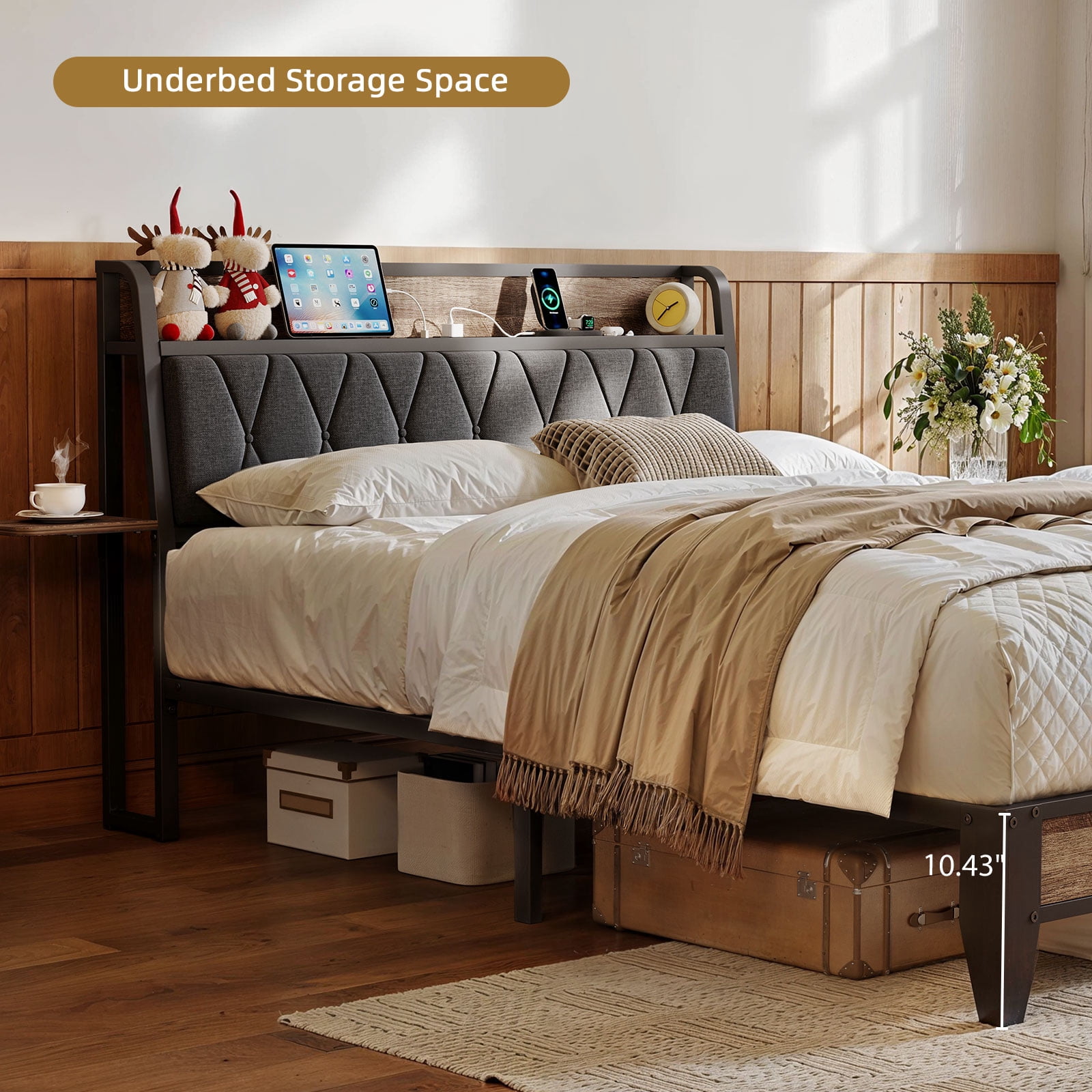 Queen Size Bed Frame with Charging Station, Ergonomic Upholstered Headboard with Side Storage Shelf, Metal Slats Support, Twin Platform Bed Frame, No Box Spring Needed, Black