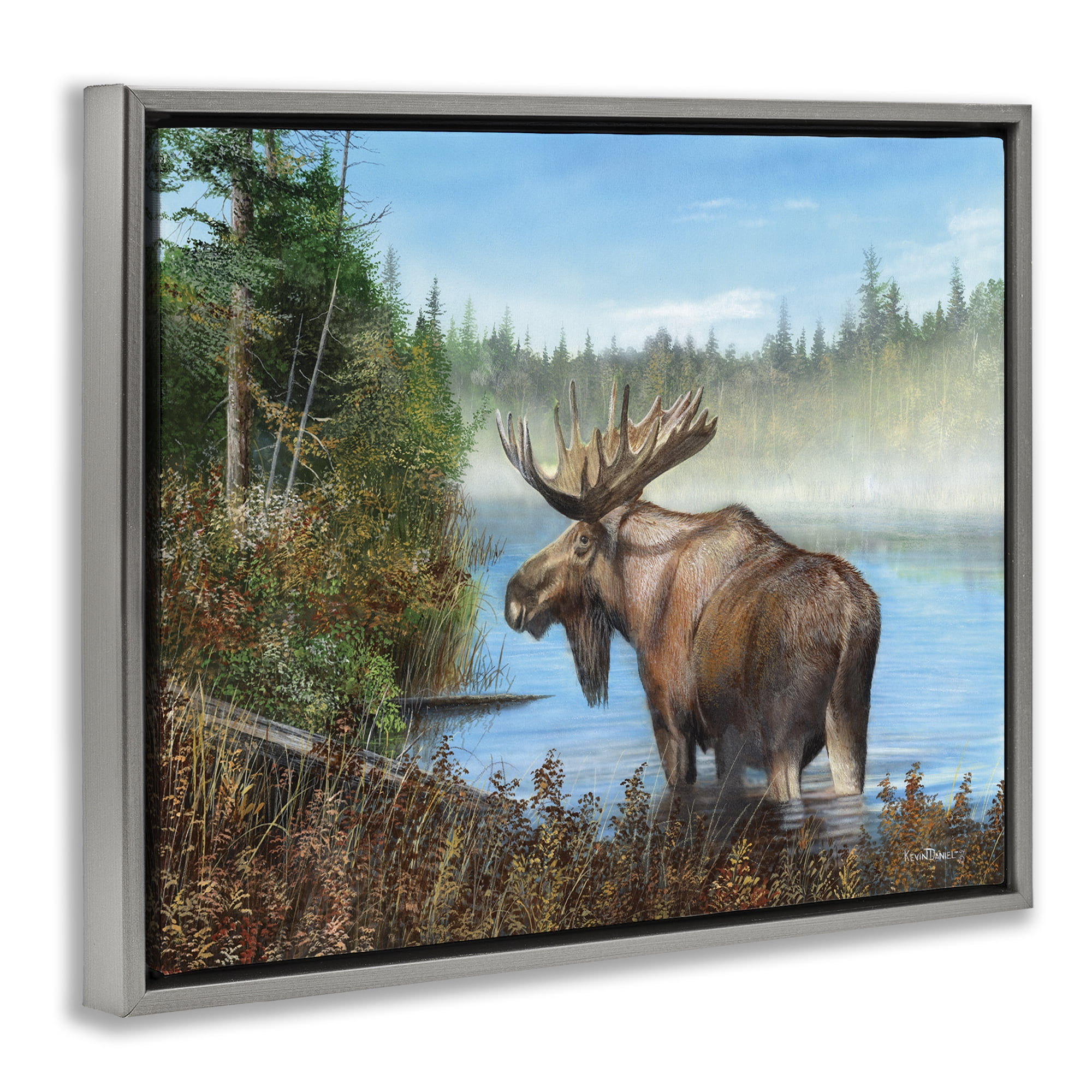 Stupell Industries Rustic Moose Wading in Shore Landscape & Nature Painting Gray Floater Framed Canvas Art Print Wall Art, 21 x 17