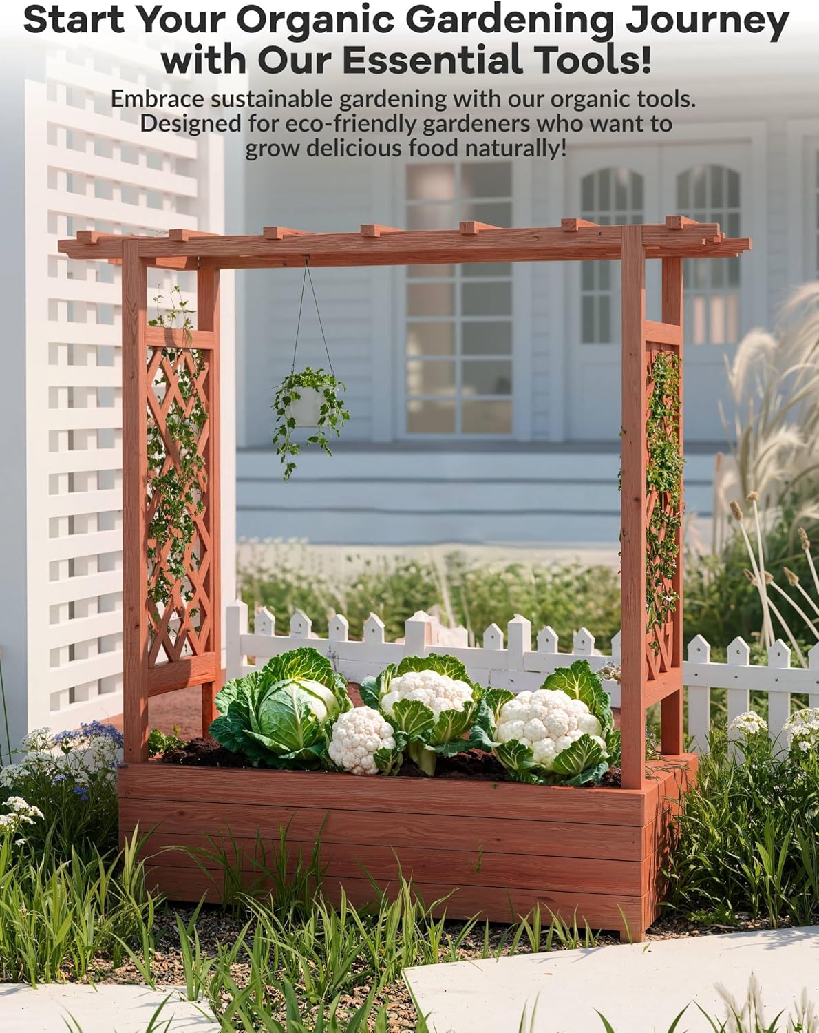 Riedhoff Wooden Raised Garden Bed with Trellis, Hanging Roof & Side Trellis, 43 x 17 x 45"