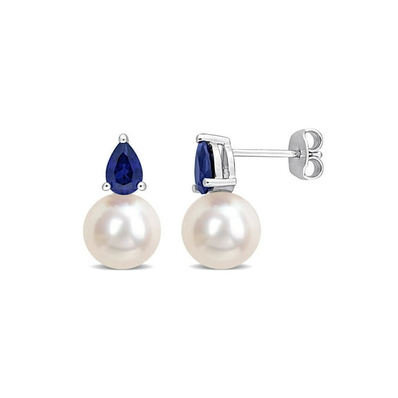 8.5-9mm Cultured Freshwater Pearl Earrings with Lab-Created Blue Sapphires Sterling Silver for Women