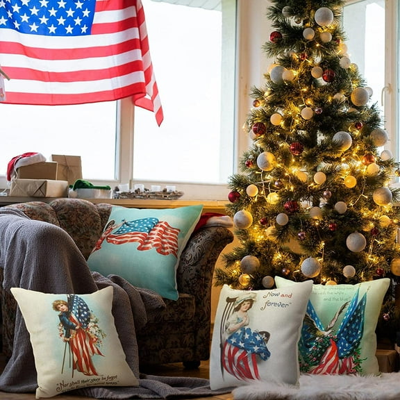 Vintage 4th of July Pillow Covers 18x18 Set of 4 Decorations - American Flag Independence Day Pillow Covers Patriotic Throw Pillows Case Throw Cushion Couch for Home Decor