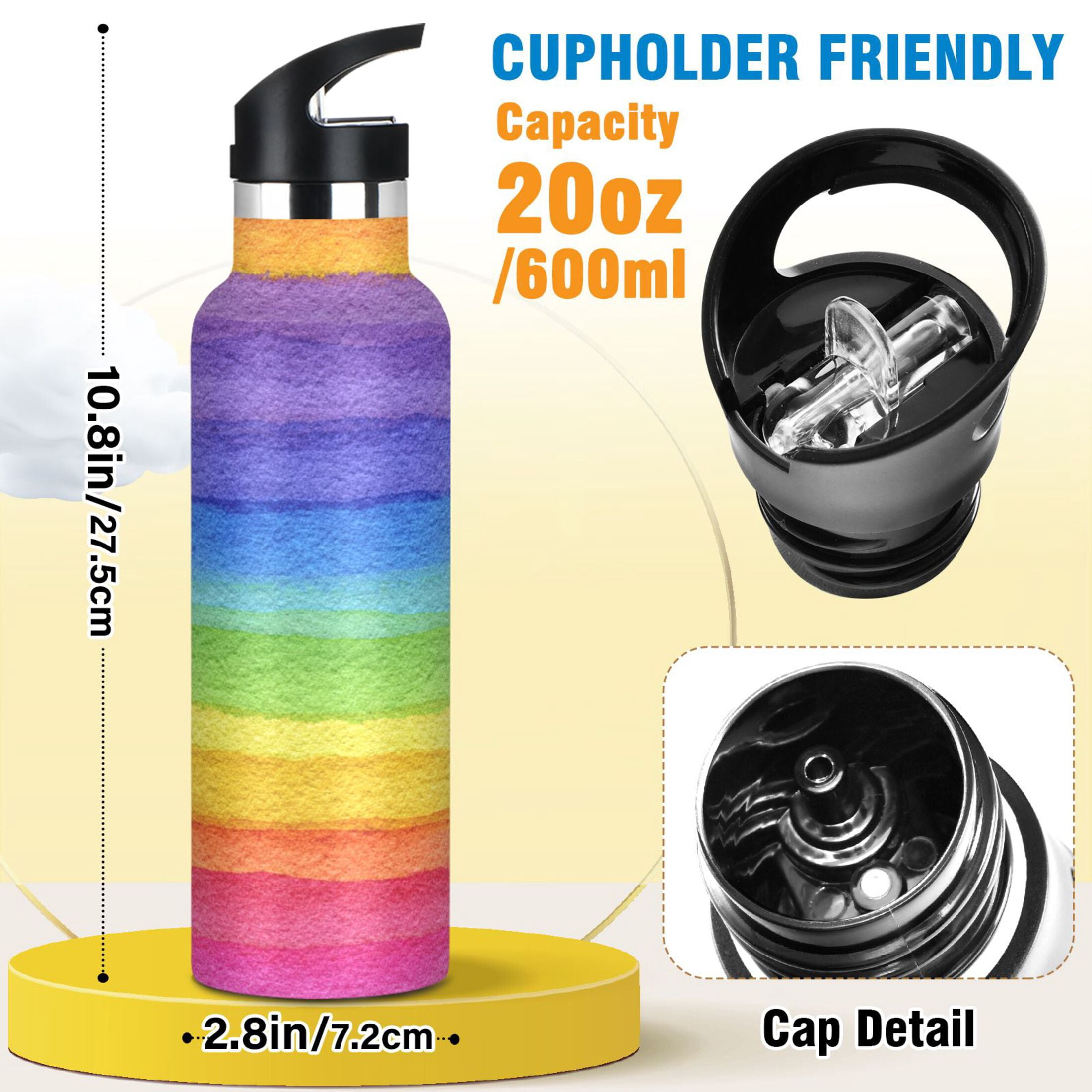 Kids Insulated Stainless Steel Sports Water Bottle 600ml (20oz) Watercolor Rainbow Colors
