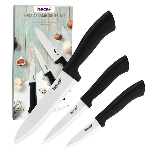 Ceramic Knife Set, Hecef 3 PCS White Ceramic Chef's, Utility, Fruit Paring Knife