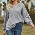thumbnail image 5 of Lyrcatrment Womens Ribbed Hooded Tops V-Neck Loose Casual Solid Color Long Sleeve Pullover Shirt with Pocket Casual Daily Tunic Top(X-Large,Gray), 5 of 5