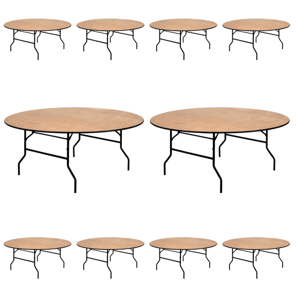 (10 PACK) 72'' Round Wood Folding Table - Heavy Duty Banquet Table