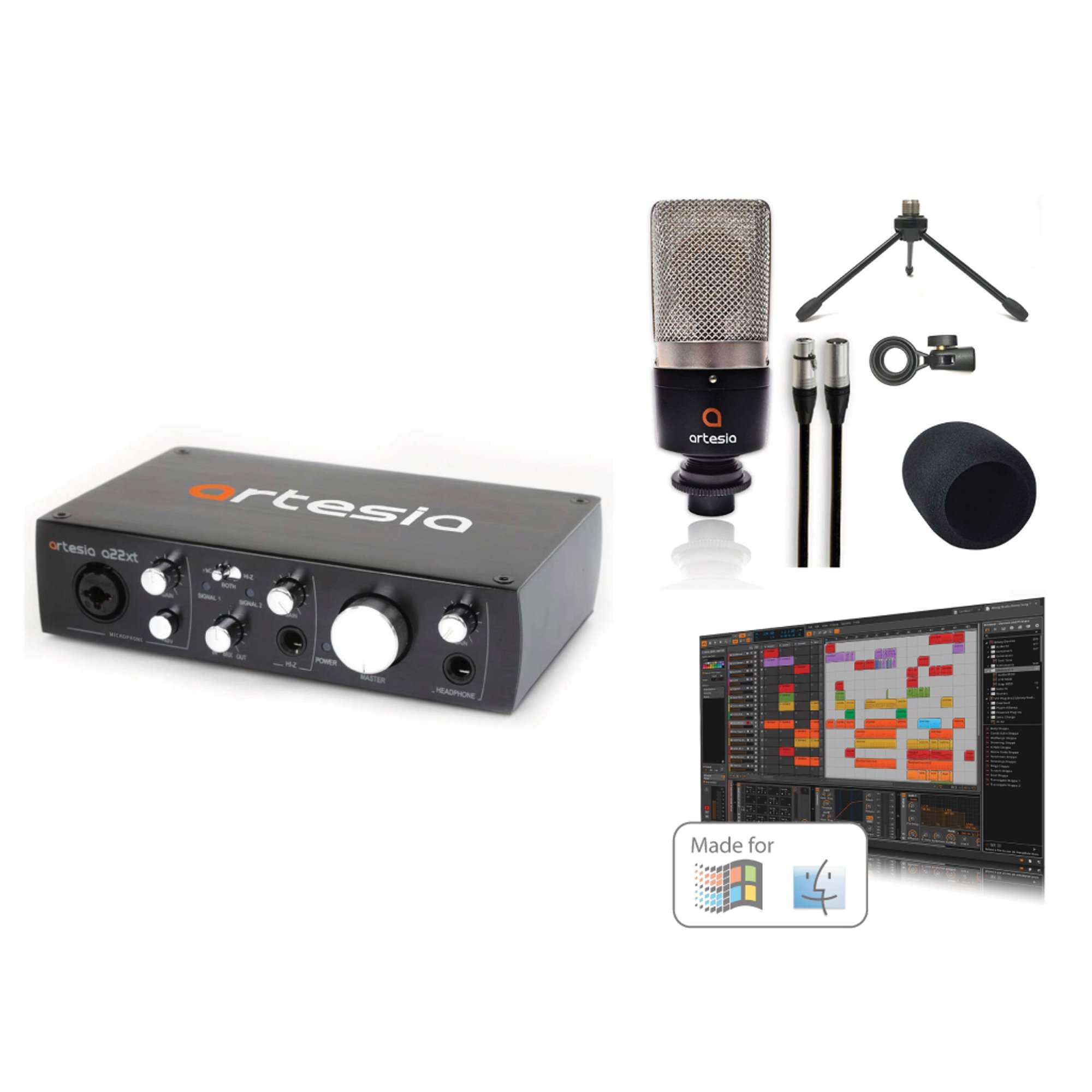 Artesia BE-REC Recording Bundle w/ A22XT 2.0 USB Audio Interface + AMC 10 Condenser Microphone with Pop Filter and XLR Cable