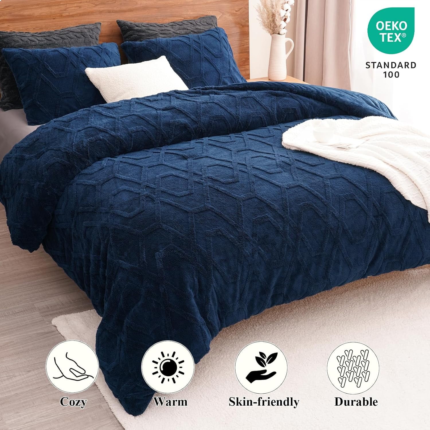 PHF Warm Sherpa Fleece King Comforter Set, 3D Tufted Fluffy Navy Blue Bedding for Winter, Soft 2 Pieces Shaggy Bed Set, 1 Comforter (104"x90") and 2 Pillowcases (20"x36")