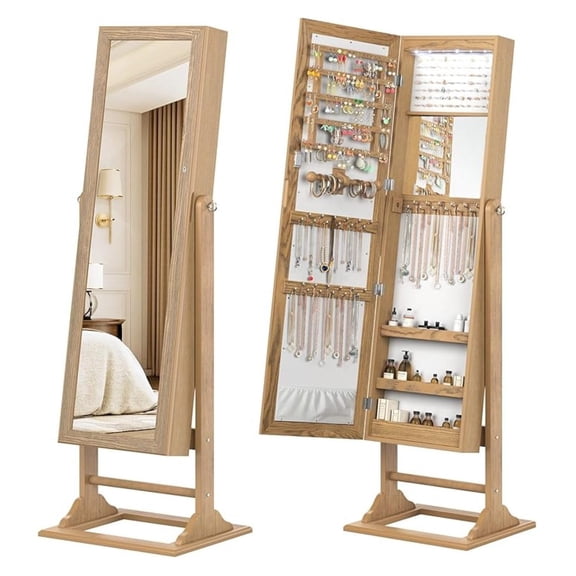Jewelry Armoire Mirror Lockable, Full Length, 6 LED Lights, Wood Grain Organizer