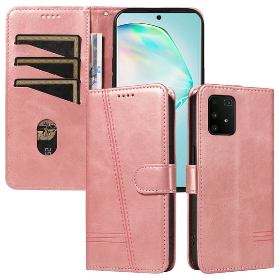 Flip Case for Samsung Galaxy S10 Lite Dual SIM, 360 Degree Protection Shockproof PU Leather Wallet Phone Cover, Kickstand and 3 Card Slots, Rose Gold