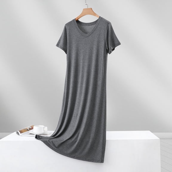 Nmnitkp Womens Dresses V Neck Short Sleeve Loose Fit Maxi Dress, Soft Stretchy Loungewear Nightgown for Casual Home & Sleepwear Dark Gray,L