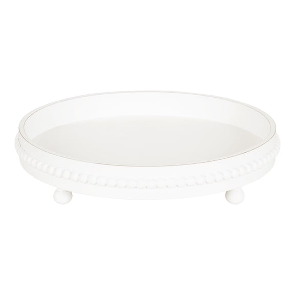 Kate and Laurel Strahm Round Wooden Beaded Tray, 16, White, Lightly Distressed Wood Decorative Tray for Display and Storage