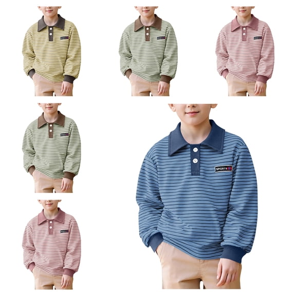 HAOTAGS Polo Shirts for Boys,Lapel Collar Striped Long Sleeve With Stripe Trim Pullover Polo Shirts Green 11-12T