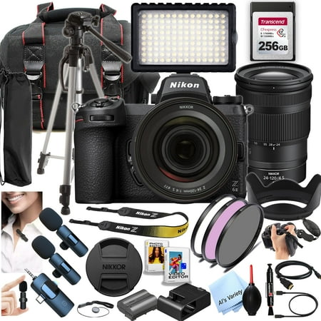 Nikon Z6II Mirrorless Digital Camera 24.5MP Z 24-120mm f/4 S Lens +256GB CFexpress Memory Wireless Microphones LED Light Filters Case Tripod and More (Content Creator Bundle)