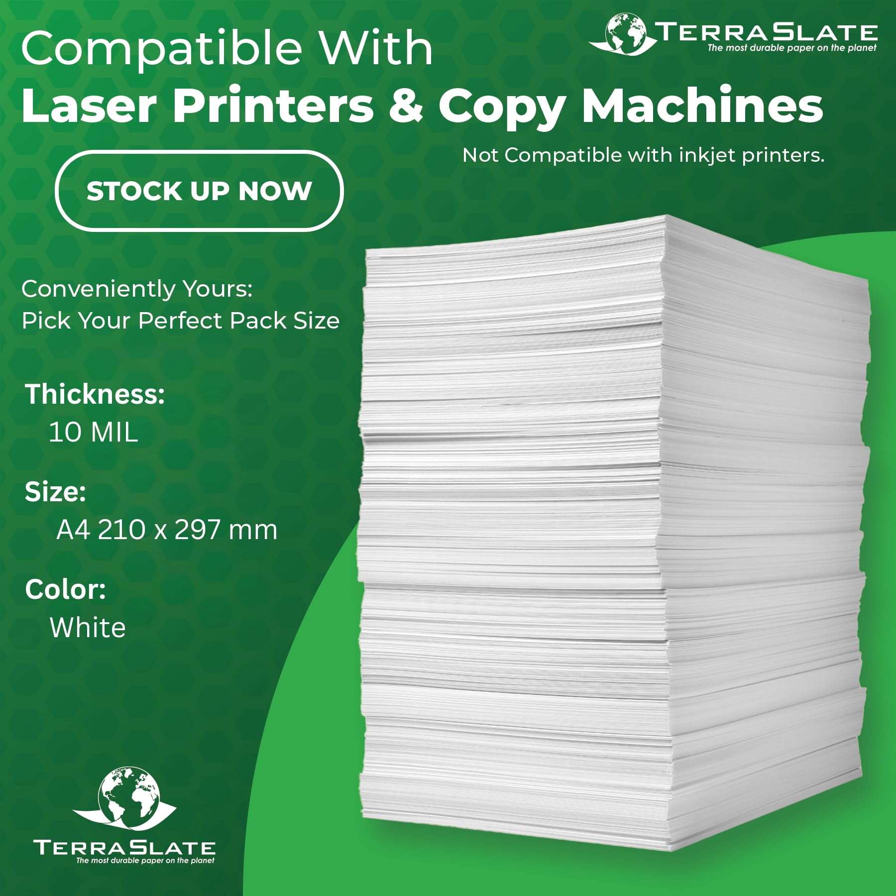 TerraSlate Waterproof Printer Paper | 10 Mil 120lb Cover | 8.5" x 14" Legal Size | Laser Printer Copy Paper | 50 Sheets