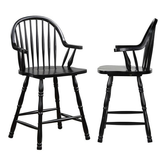 Pemberly Row 24" Wood Barstools with Arms in Antique Black (Set of 2)