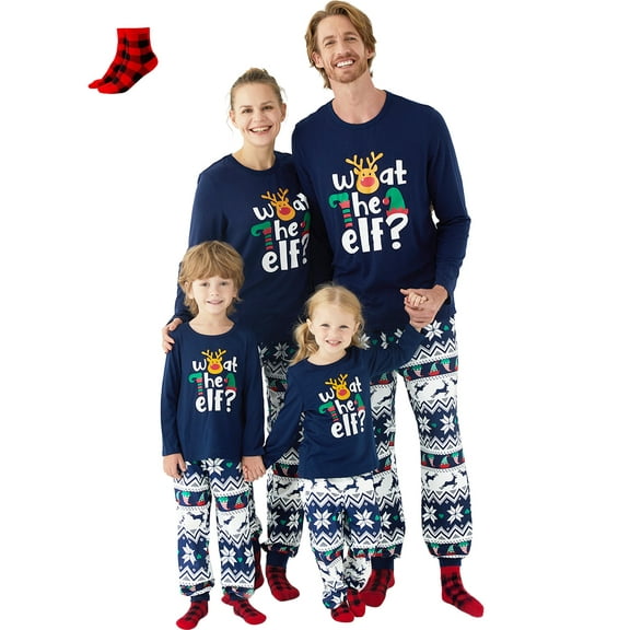 PatPat Family Christmas Pajamas for Women 2 Piece Long Sleeve Blue Elf Top & Pants Set with Christmas Socks Matching PJs Holiday Loungewear Women M