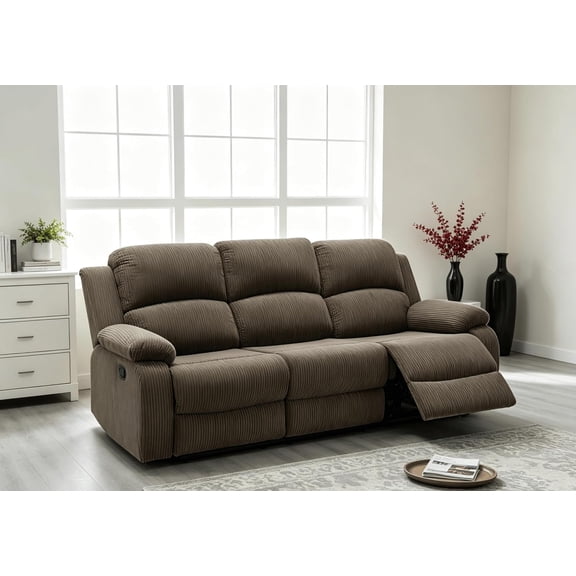 3-Seater Recliner Sofa with Drop-Down Table & Cup Holders, Fabric Reclining Couch with Manual Recline, Overstuffed Armrests & Backrest, Living Room Home Theater Seating