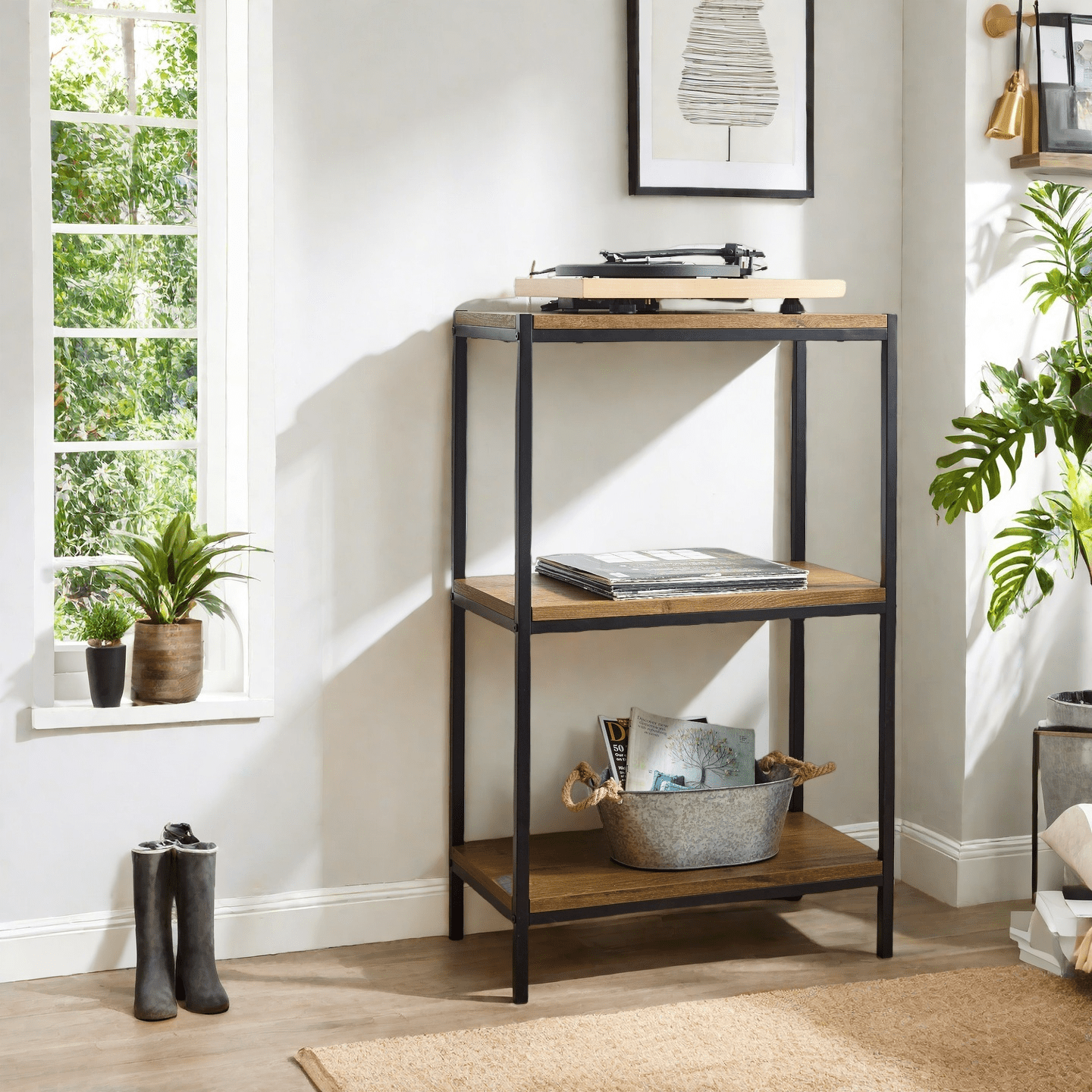 Caffoz 3-Tier Transitional Wood Bookshelf with Open Shelves in Oak Brown