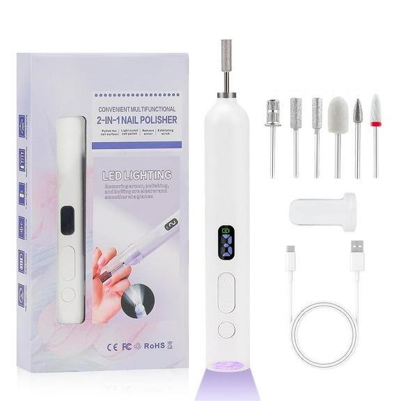 Cordless Nail Drill with UV Lamp, Electric Nail File with 6 Grinding Heads, 3 Speeds Manicure Pedicure Polishing Kit 6-in-1 with Removable Dust Cover, White
