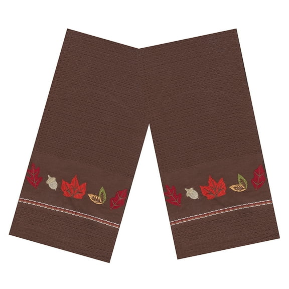 Kane Home Fall Kitchen Towel 2-Piece Set, Waffle Style Brown Autumn Leaves 16x26 inch