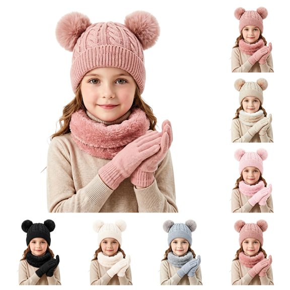 SAWOBUUN 3Pcs Kids Winter Hat Scarf Glove Set Cable Knit Fleece Lined Beanie Mitten Neck Warmer for Boys Girls Cold Weather
