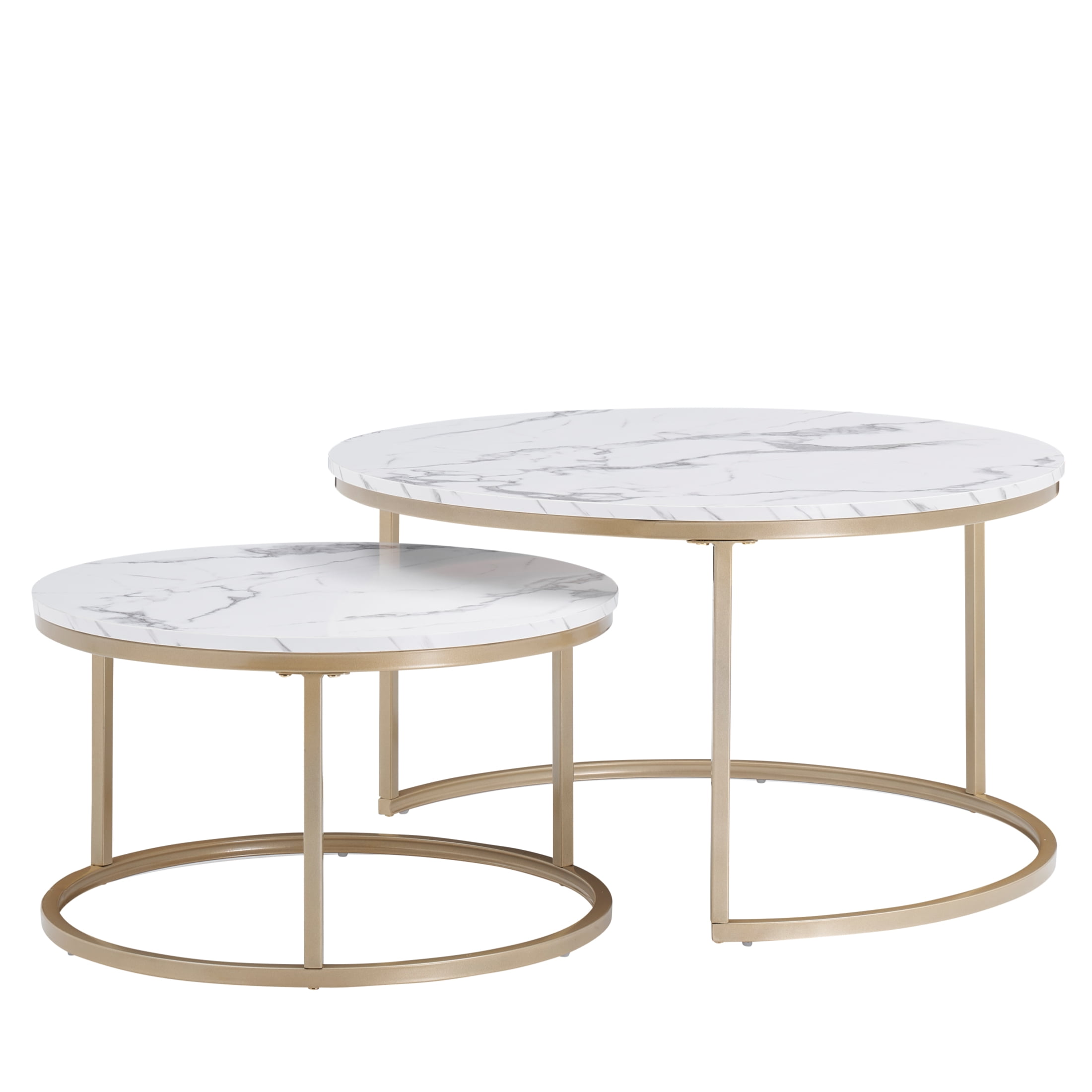 Round Nesting Coffee Table Set with 31.5 in White Faux Marble Top and Golden Legs Modern Style for living room