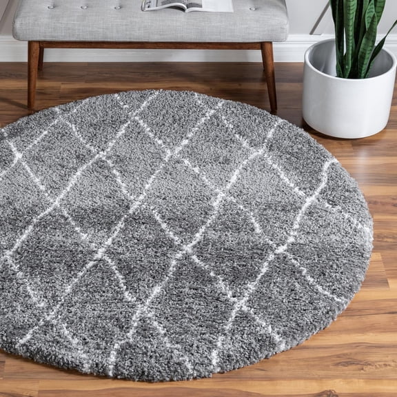 Unique Loom Rabat Shag Collection Area Rug - Trellis (8' Round Gray/Ivory)